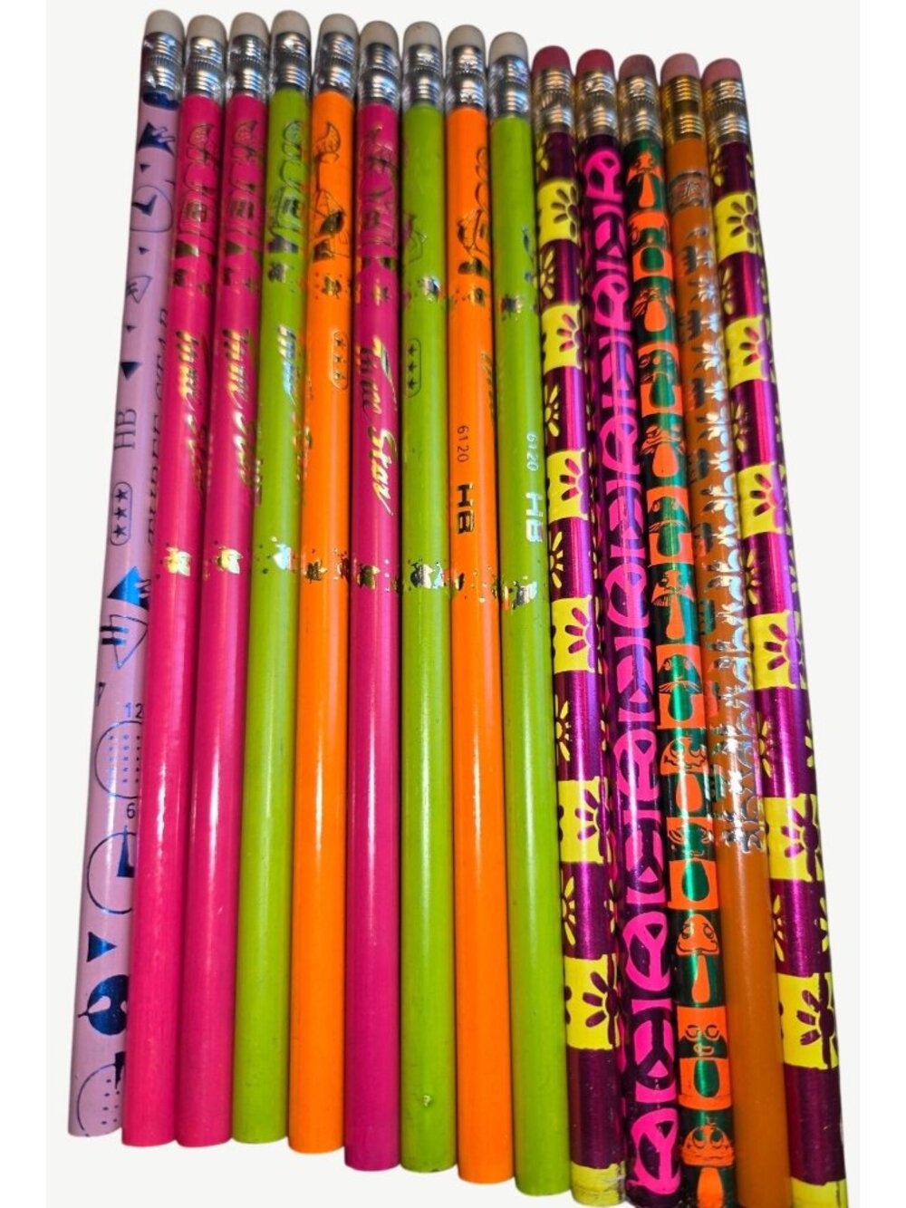 14 HB Pencils Colorful Designs  Erasers Retro Groovy Peace New Old Stock